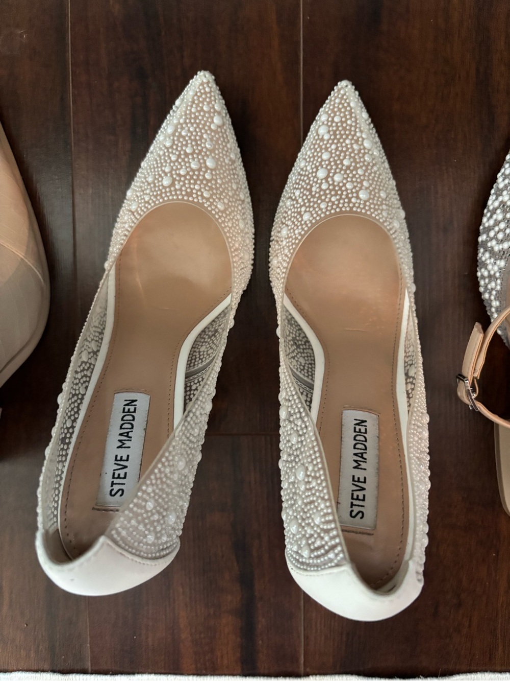 Steve Madden Ivory Pearl-Embellished Pointed Toe Flats